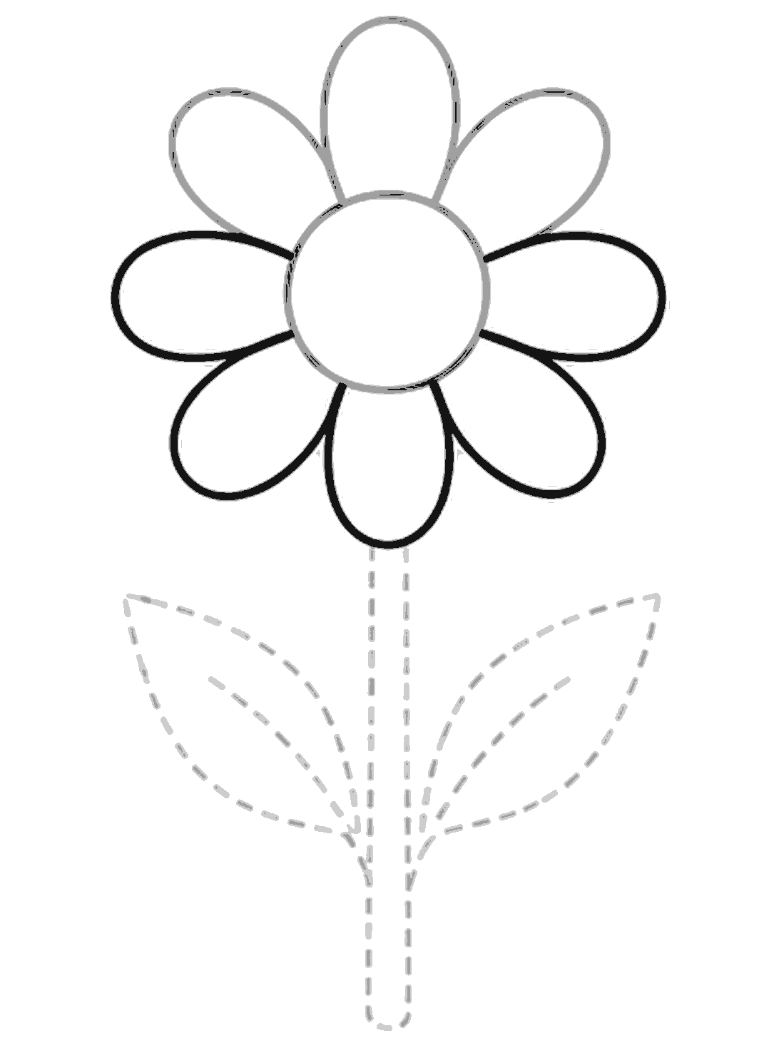 Eight petals surround the center circle. The lower and side petals are now drawn in black, while the top petals and circle are shown in grey from earlier steps.