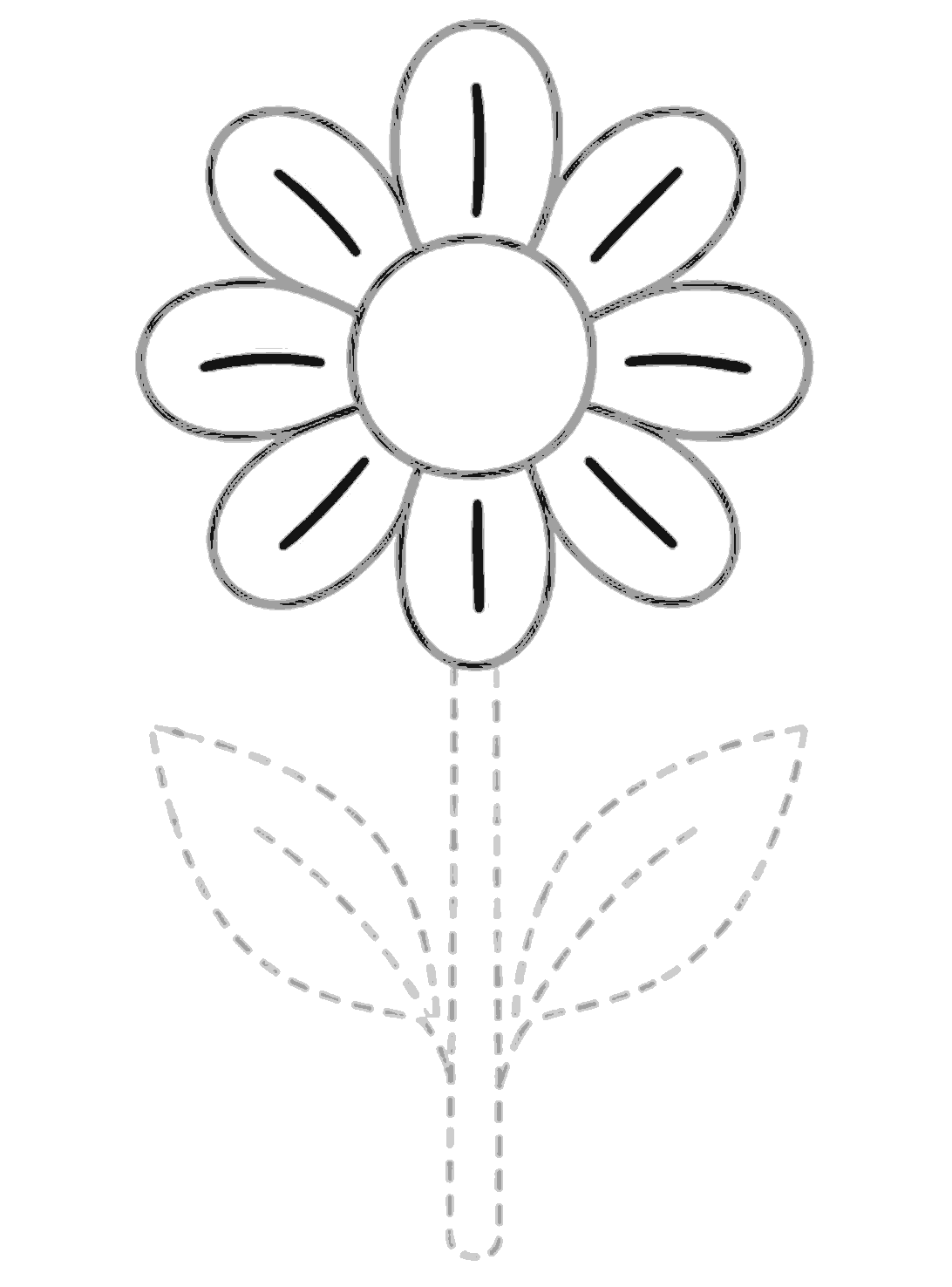 Each of the eight petals has one short black line inside it. The flower now has simple detail lines on every petal.