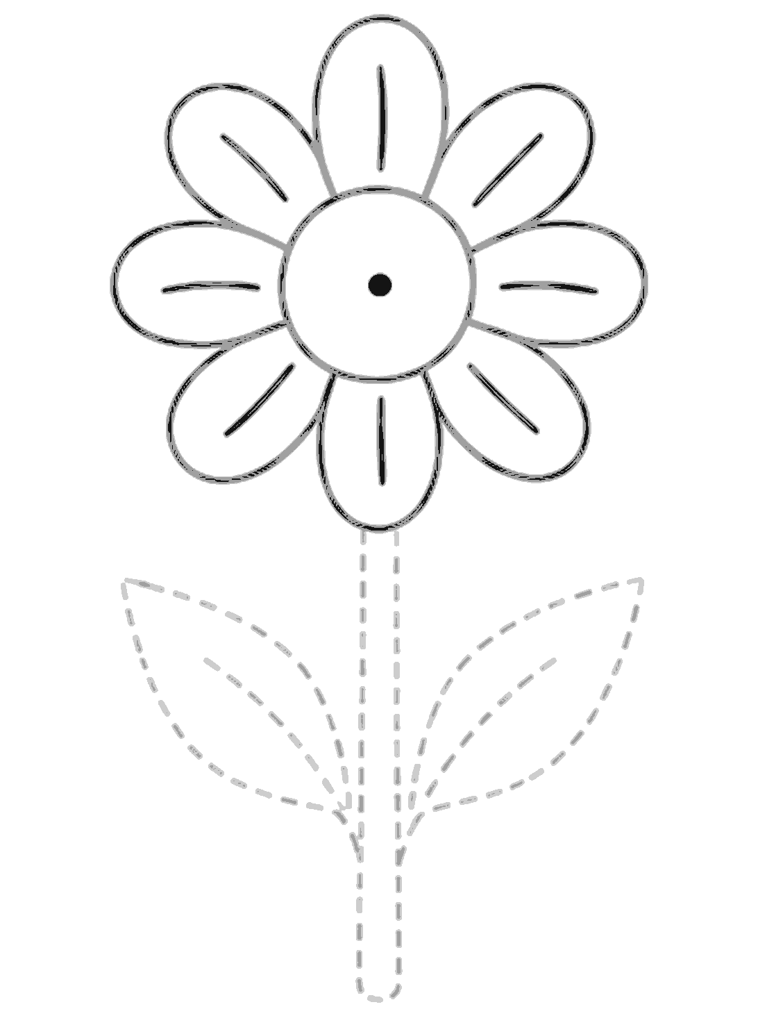 A small black dot appears in the middle of the flower center. The petals and their inner lines are already in place.
