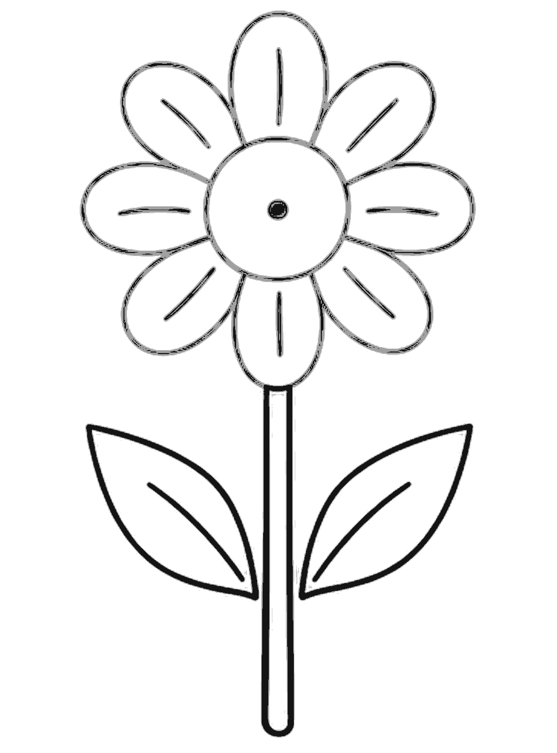 The flower now has two black leaves, one on the left and one on the right of the stem. Each leaf has a single curved inner vein.