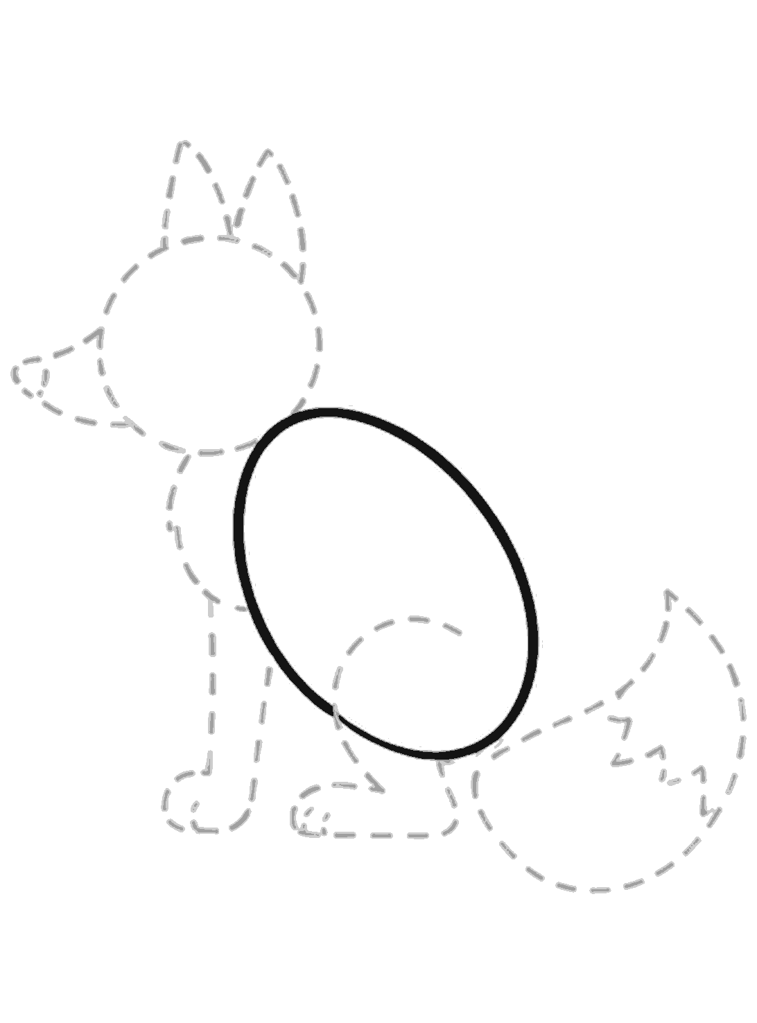 A fox sketch with pale dotted guide shapes. A bold black slanted oval has been drawn in the center for the body.