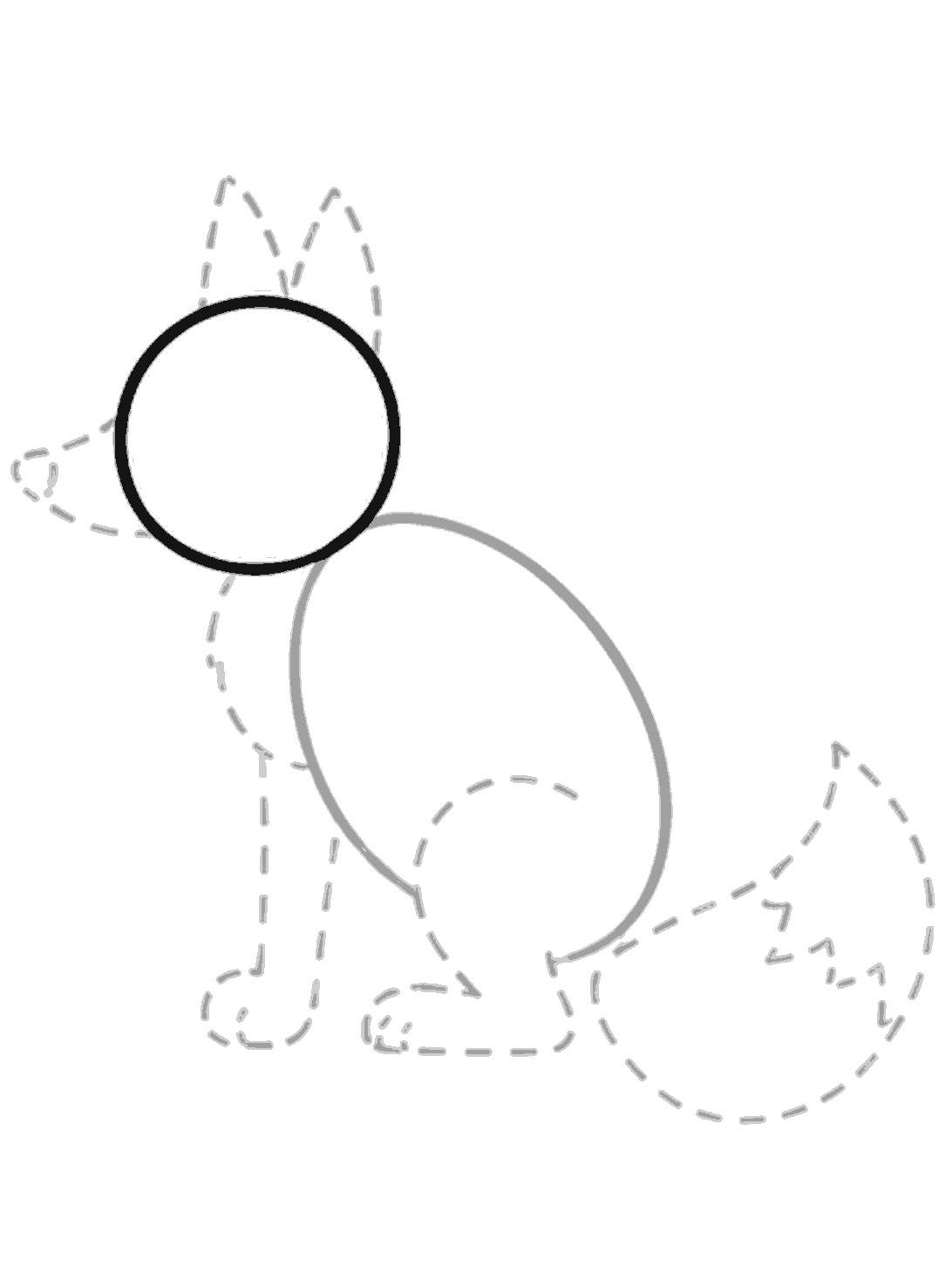 The fox guide sketch now has a bold black circle at the upper left for the head, touching the lighter body oval.