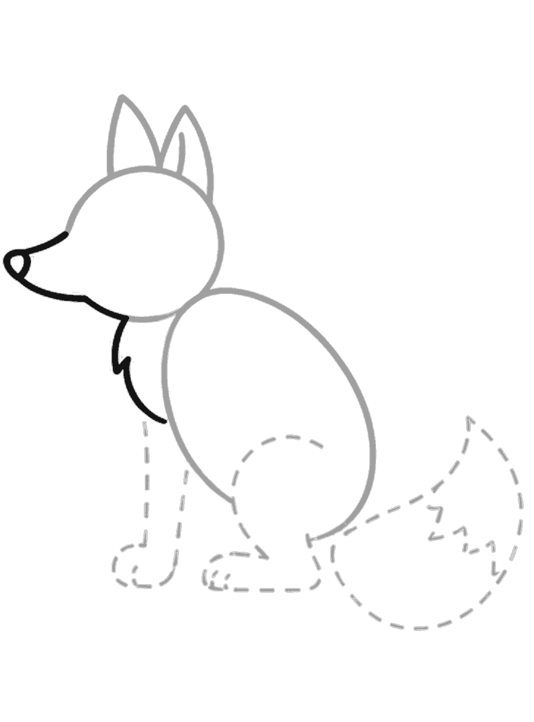 The fox now has a bold black snout with a small nose and a fluffy chest line under the head, while the body and legs stay light.