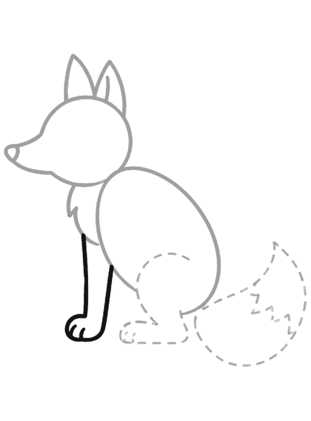 The fox has one bold black front leg with a rounded paw and toe lines, plus a second narrow front leg line behind it.