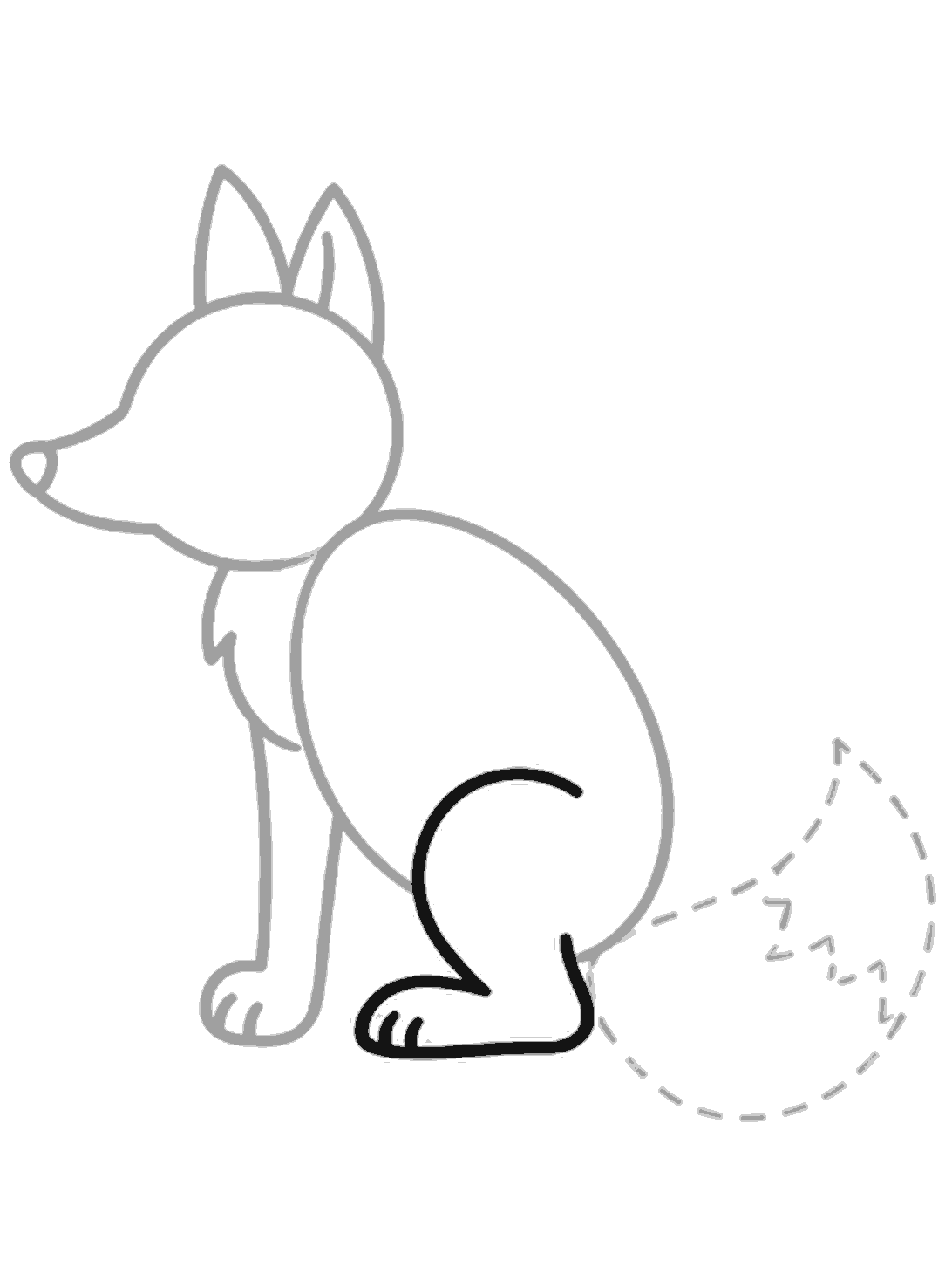 A seated fox with a bold black curved back leg and rounded back paw under the body, with toe marks at the front of the paw.