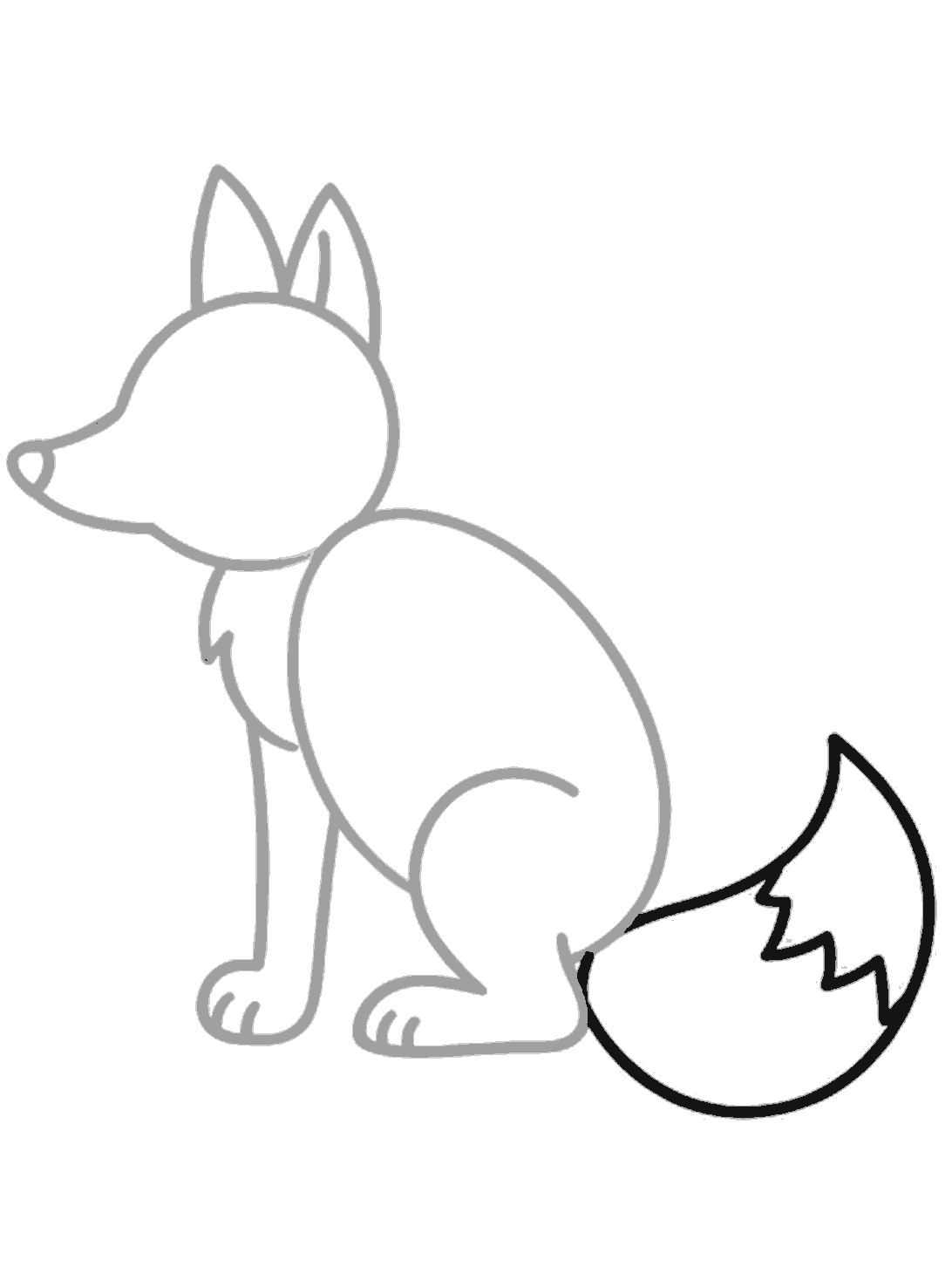 The fox now has a large bold black tail curling behind it, with a zigzag marking near the white tip.