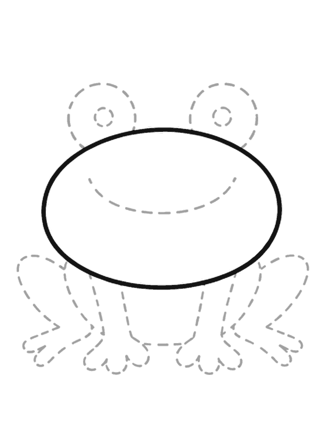 A large horizontal oval is drawn in dark lines in the center. Pale dotted guides show two eye circles on top, a smile inside, and leg shapes below.