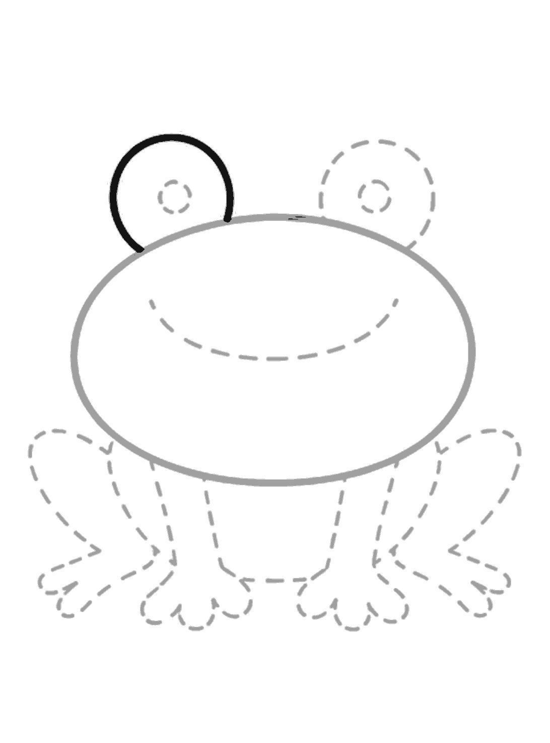 The large oval is already there in grey. A dark round eye is added on the top left, with pale dotted guides still showing the other eye, smile, and legs.