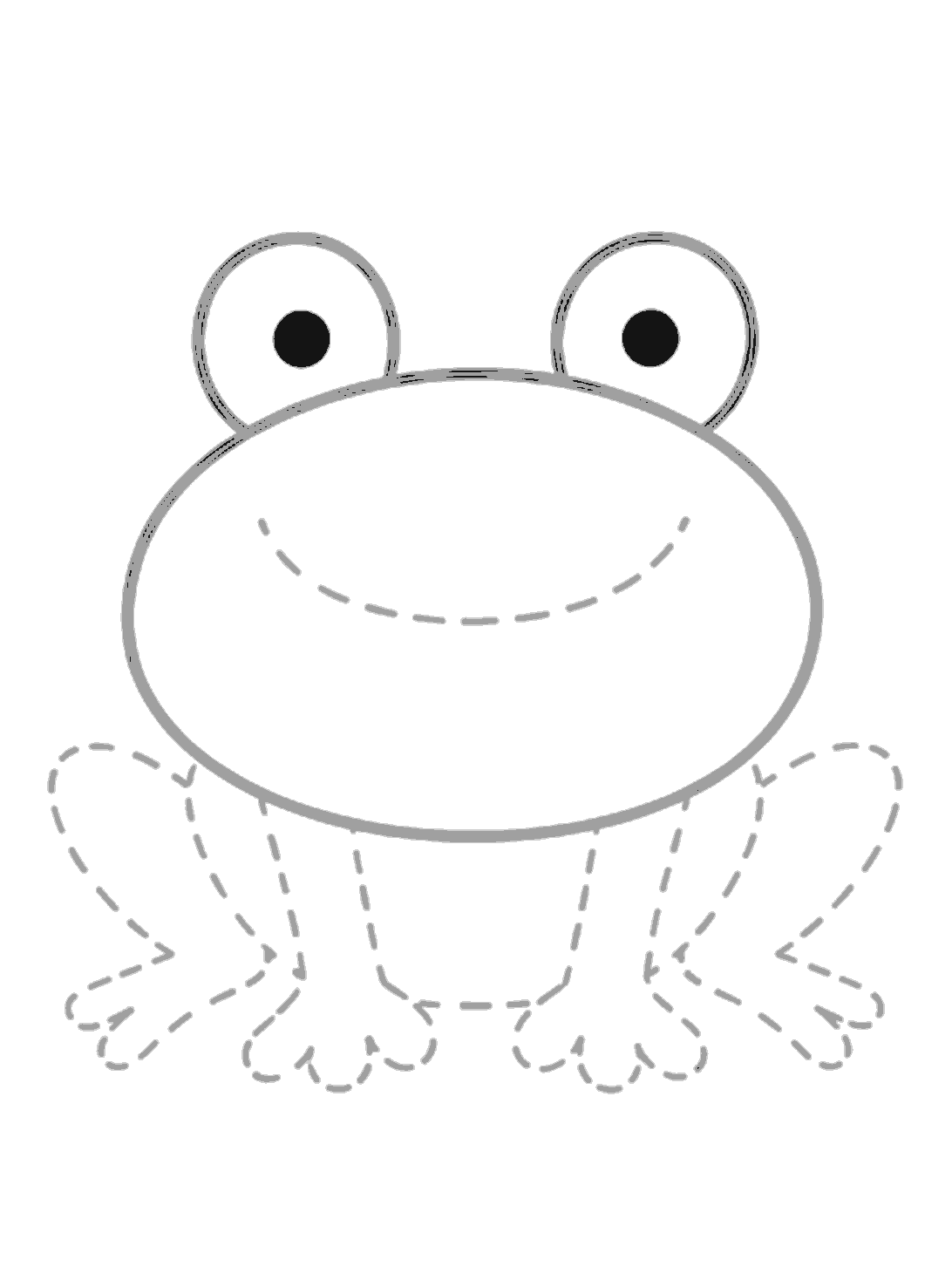 The frog now has two round eyes with solid dark pupils inside. The smile and legs are still pale dotted guides.