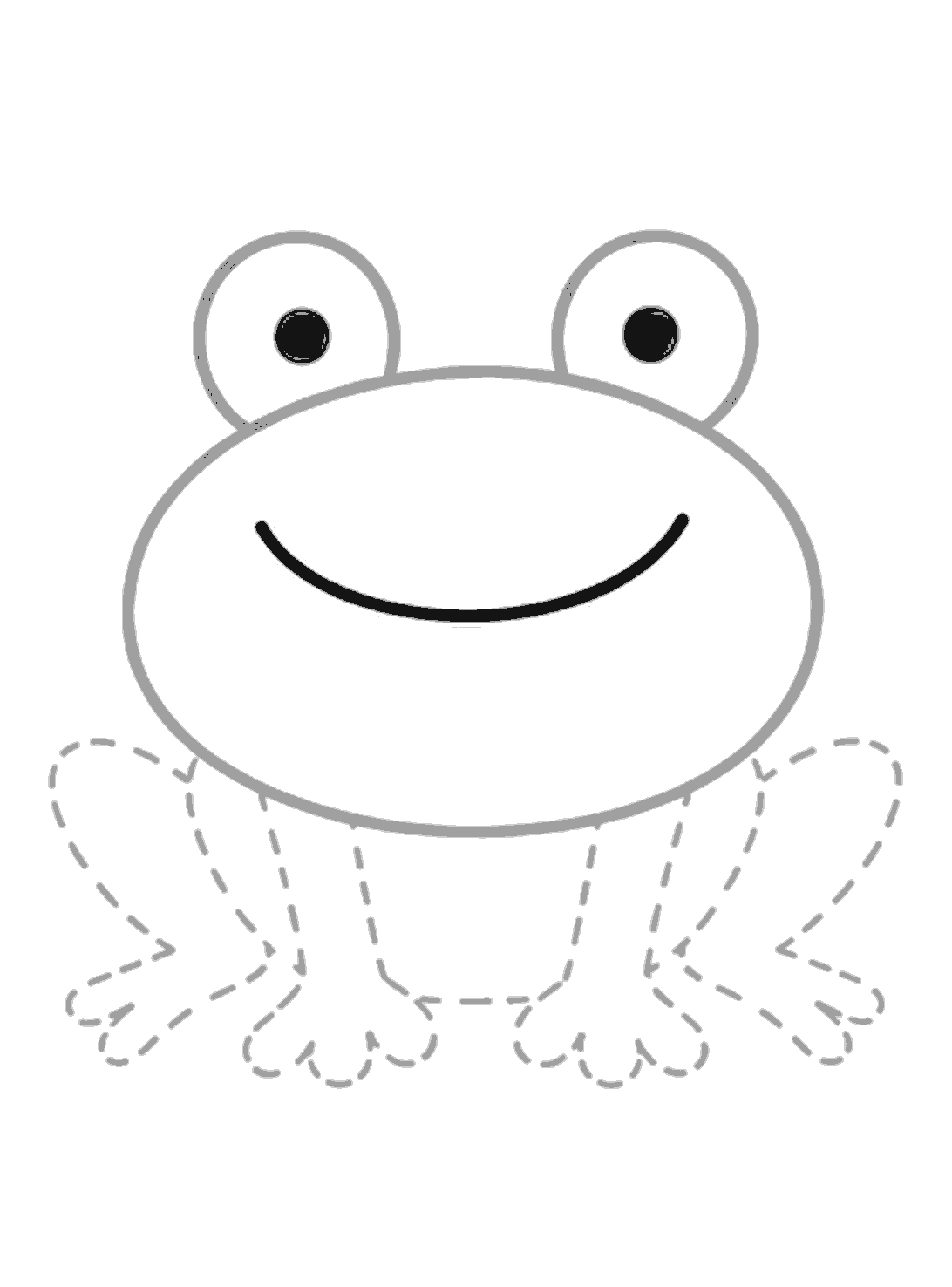 A curved smiling mouth is added in dark lines across the frog's face. The eyes and head are in grey, and the legs remain dotted guides.