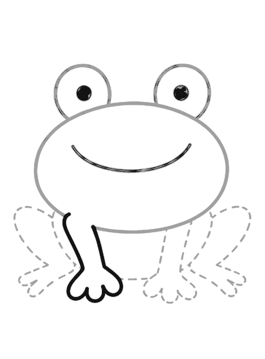 The left front leg and foot are drawn in dark lines under the body. The right front leg and both side legs are still shown as pale dotted guides.