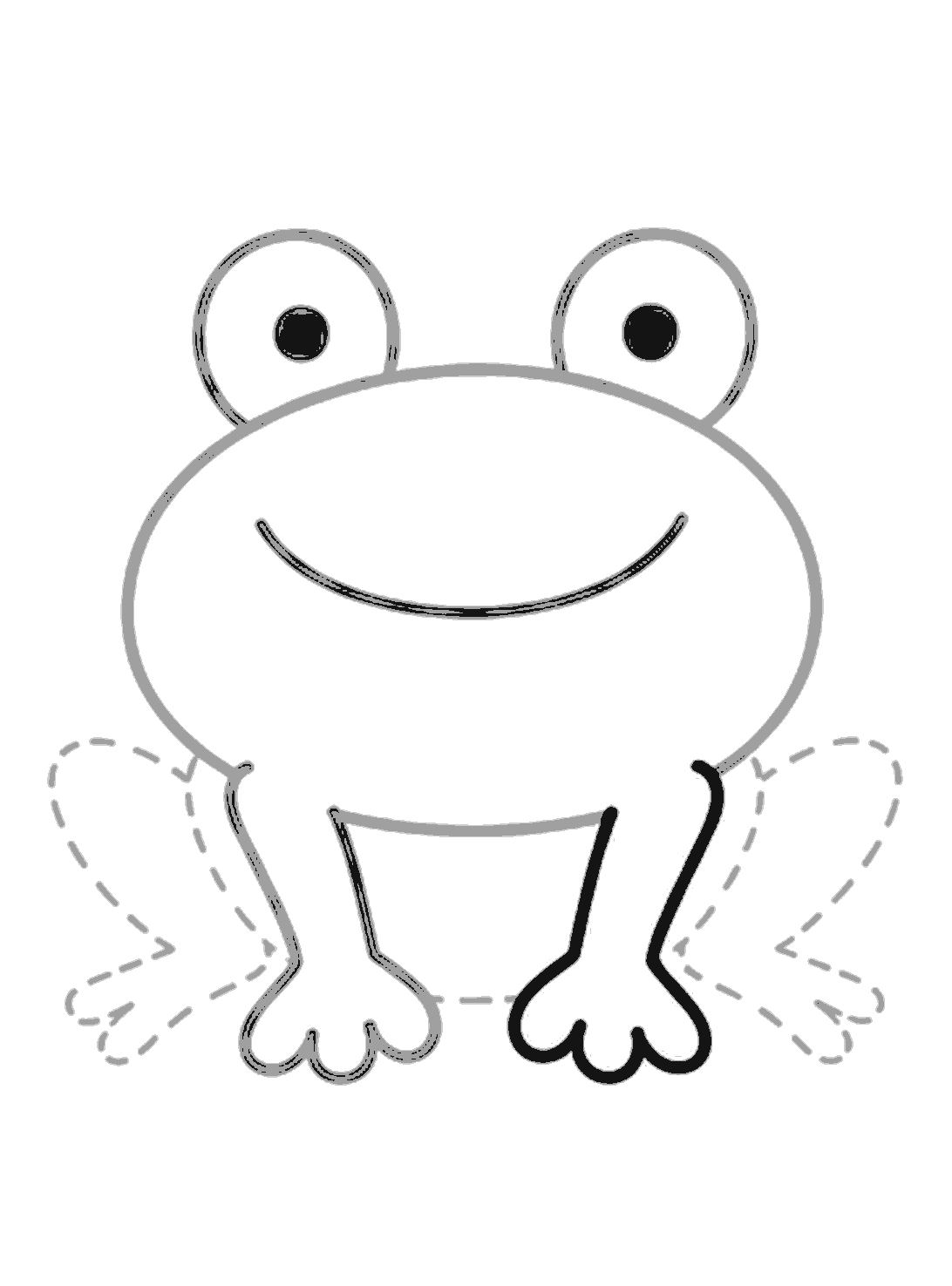 Both front legs are now drawn, each ending in a rounded three-toed foot. The side legs are still dotted guides on the left and right.