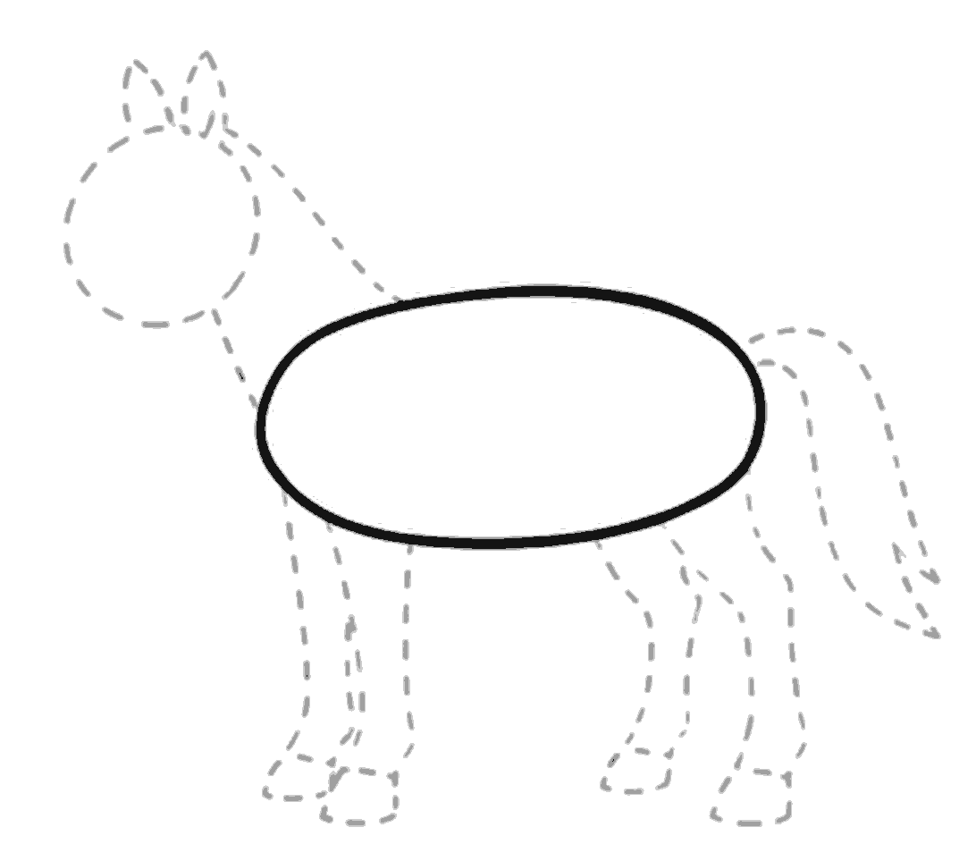 A large black oval is drawn in the center for the horse's body, with pale dotted guides for the head, neck, legs, and tail around it.