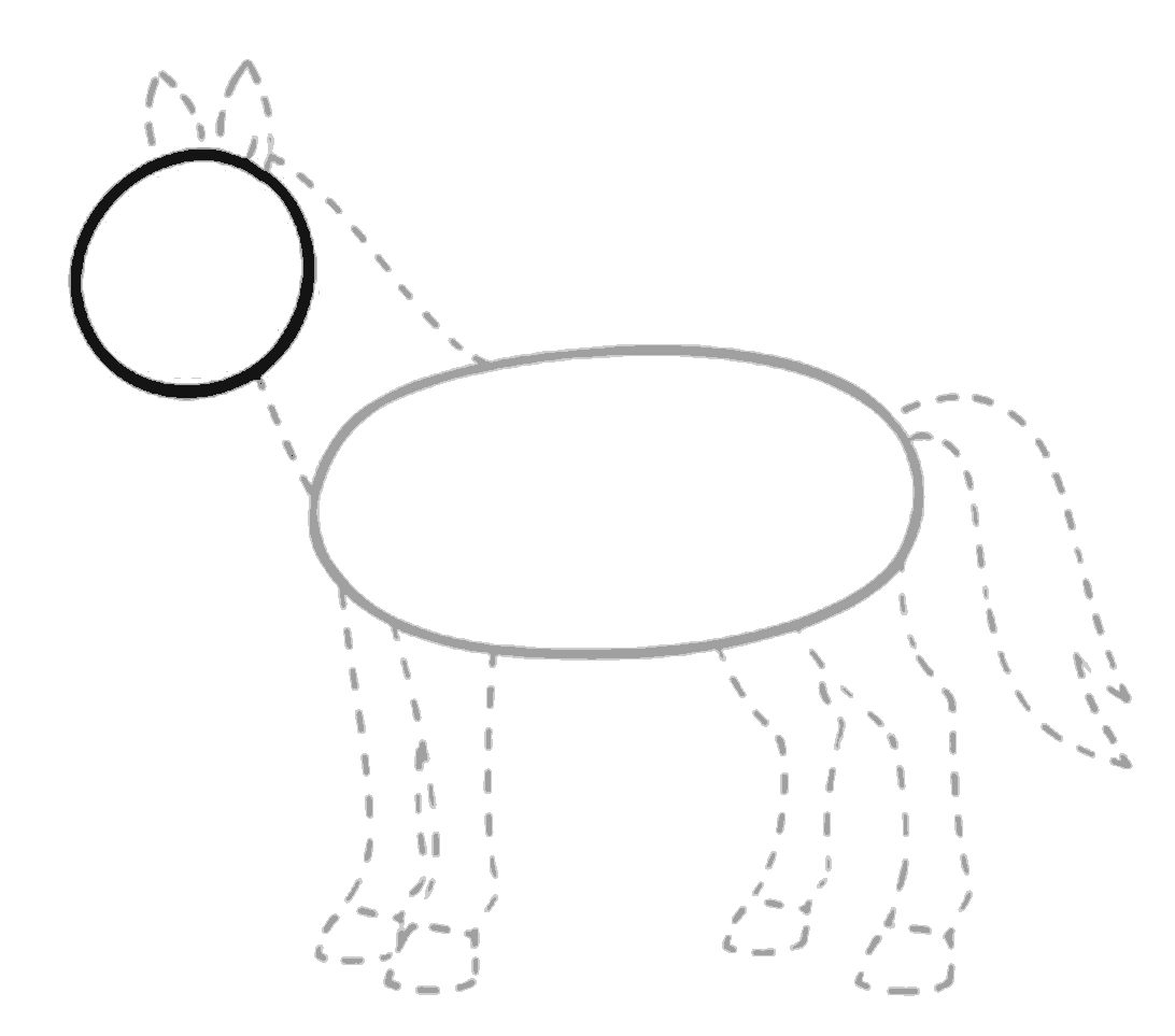 A black circle for the head appears at the upper left, while the body oval is now grey and the rest stays as pale dotted guides.