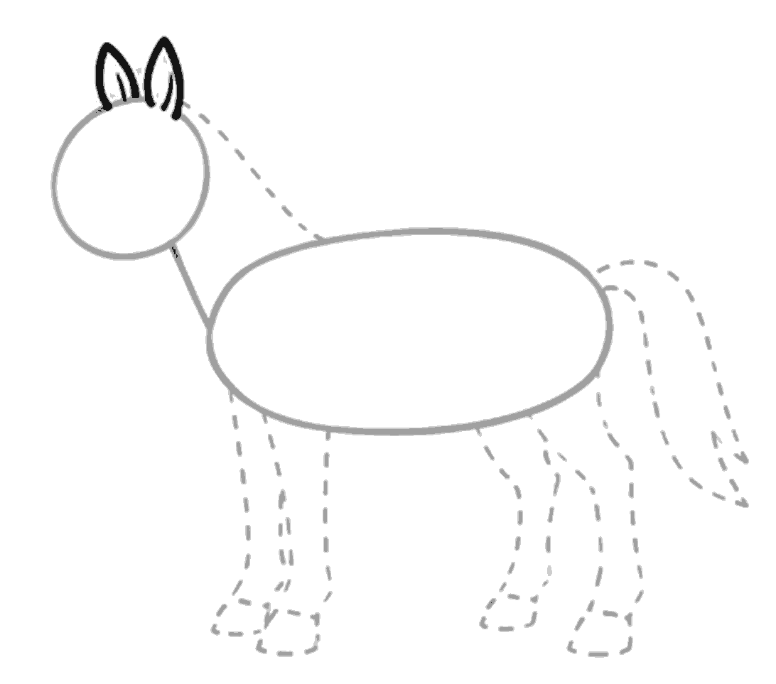 Two black pointed ears with inner ear lines are drawn on top of the head, while the rest of the horse remains in grey guides.