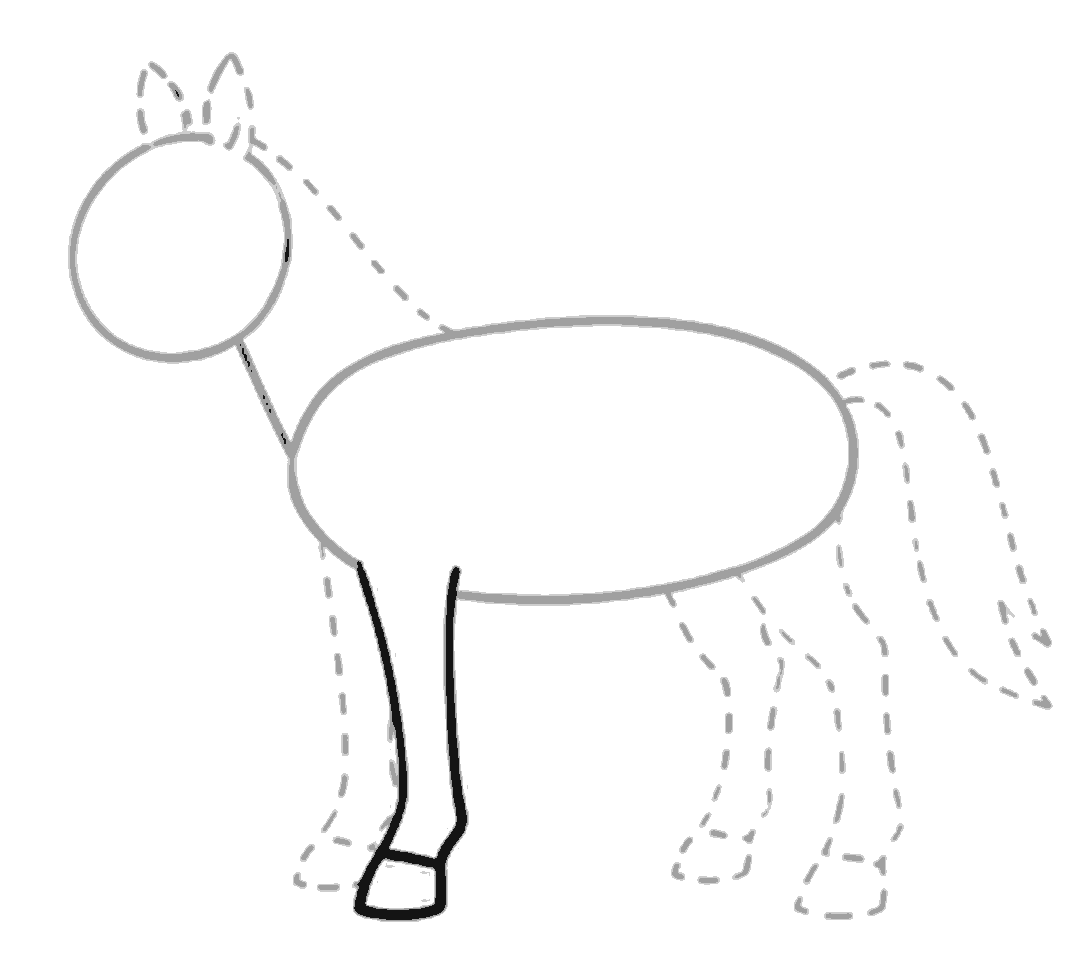 A full black front leg with a hoof is drawn under the left front of the body.
