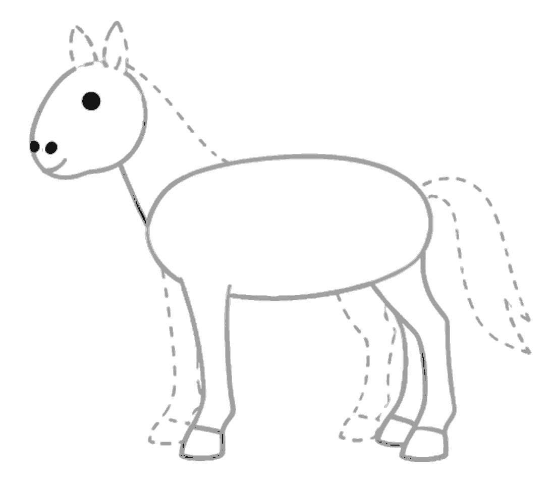 The horse's face now has a black eye, two black nostrils, and a curved mouth, with the front of the head shaped into a muzzle.