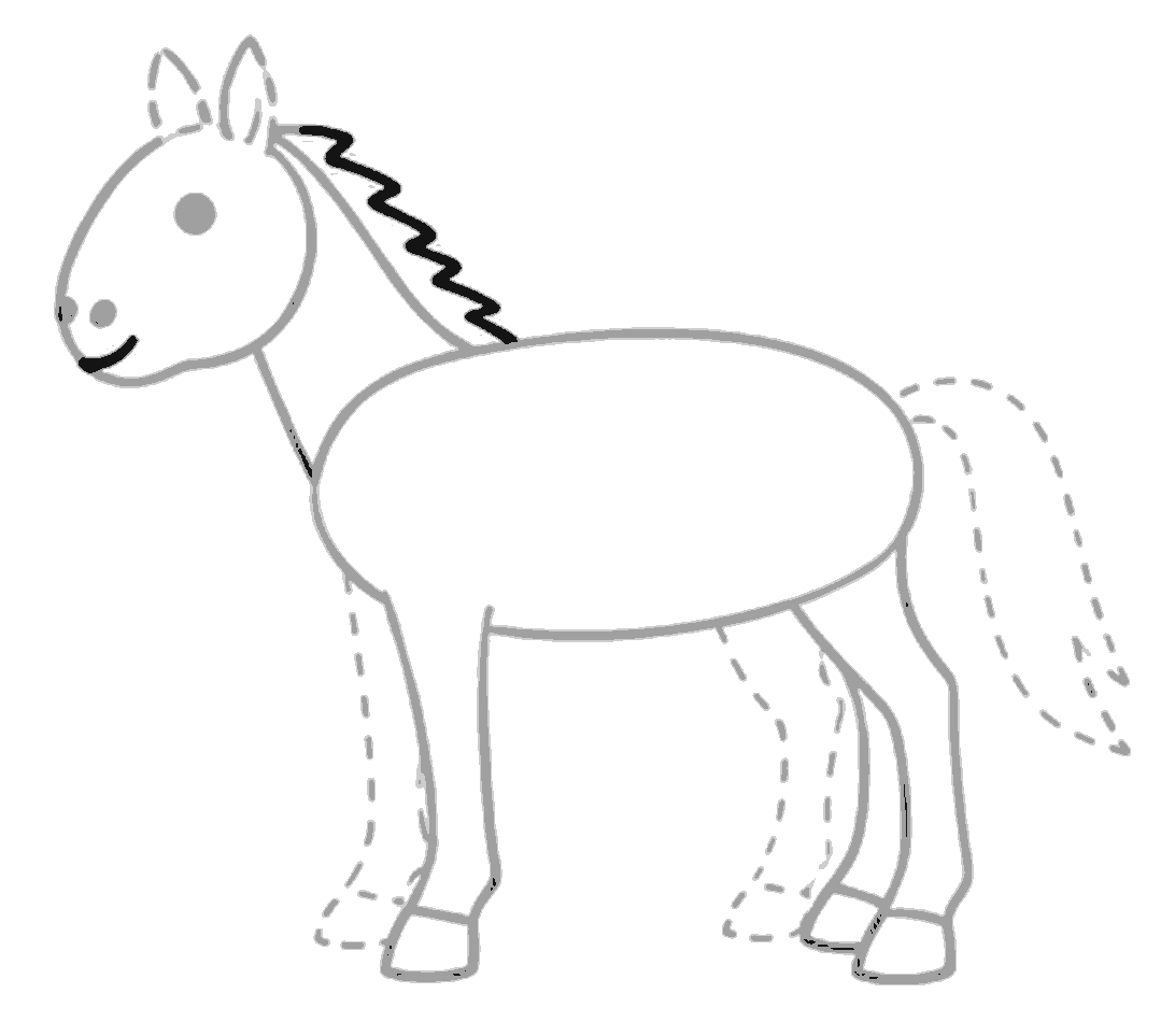 A black zigzag mane runs down the neck from behind the ears, and a short curved smile line is added on the muzzle.