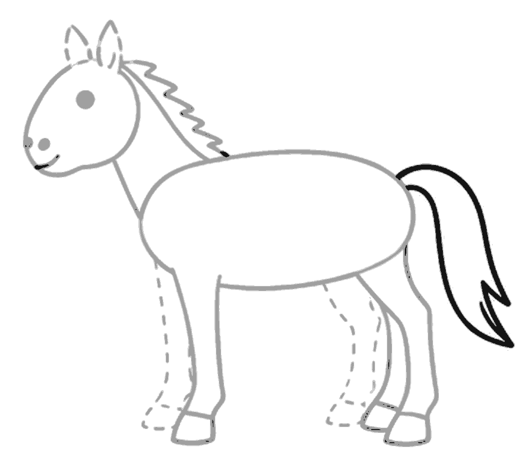A black tail is added at the back of the horse, curving down and ending in pointed, jagged tips.