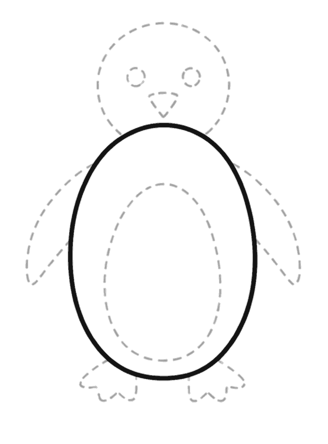 A penguin guide drawing with dotted head, tummy, flippers, feet, eyes, and beak. The body outline is drawn in black as a tall oval egg shape.