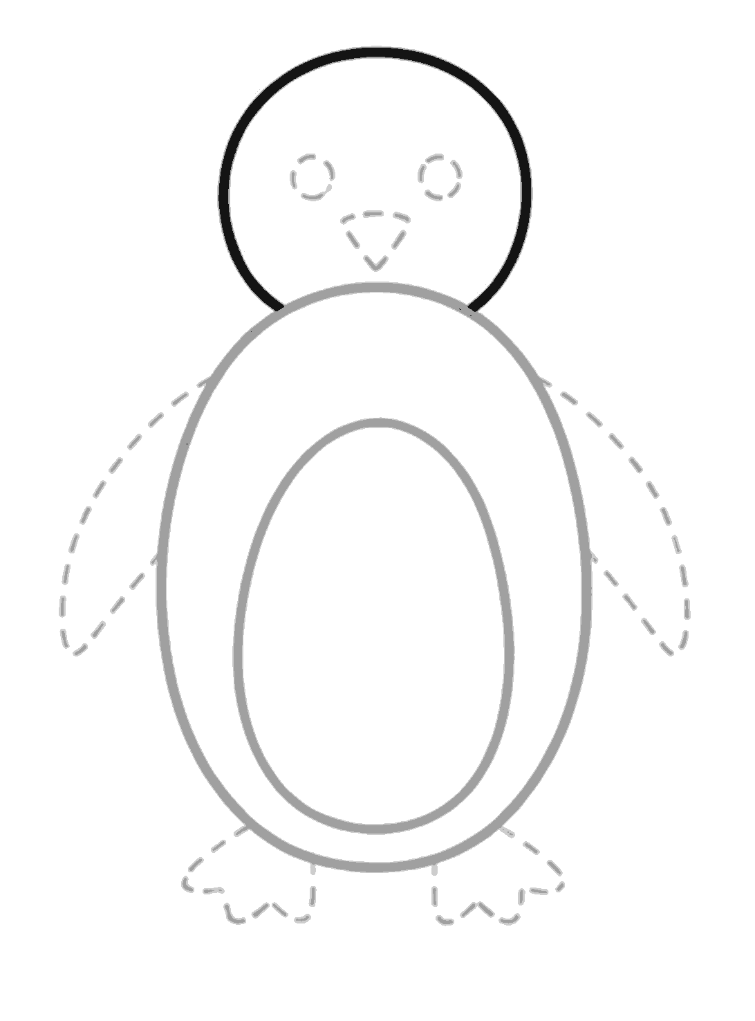The body and tummy are grey. A round head above the body is drawn in black, while dotted guides still show the eyes, beak, flippers, and feet.
