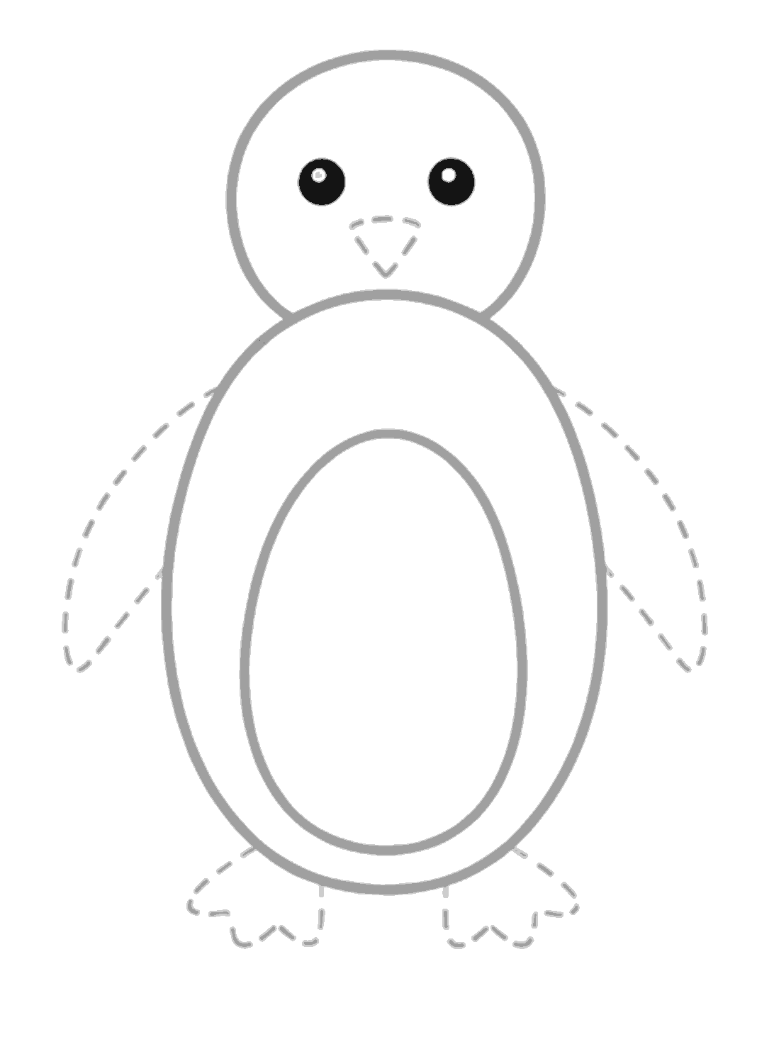 The head, body, and tummy are grey. Two black filled circles with small white highlights are added for the eyes.