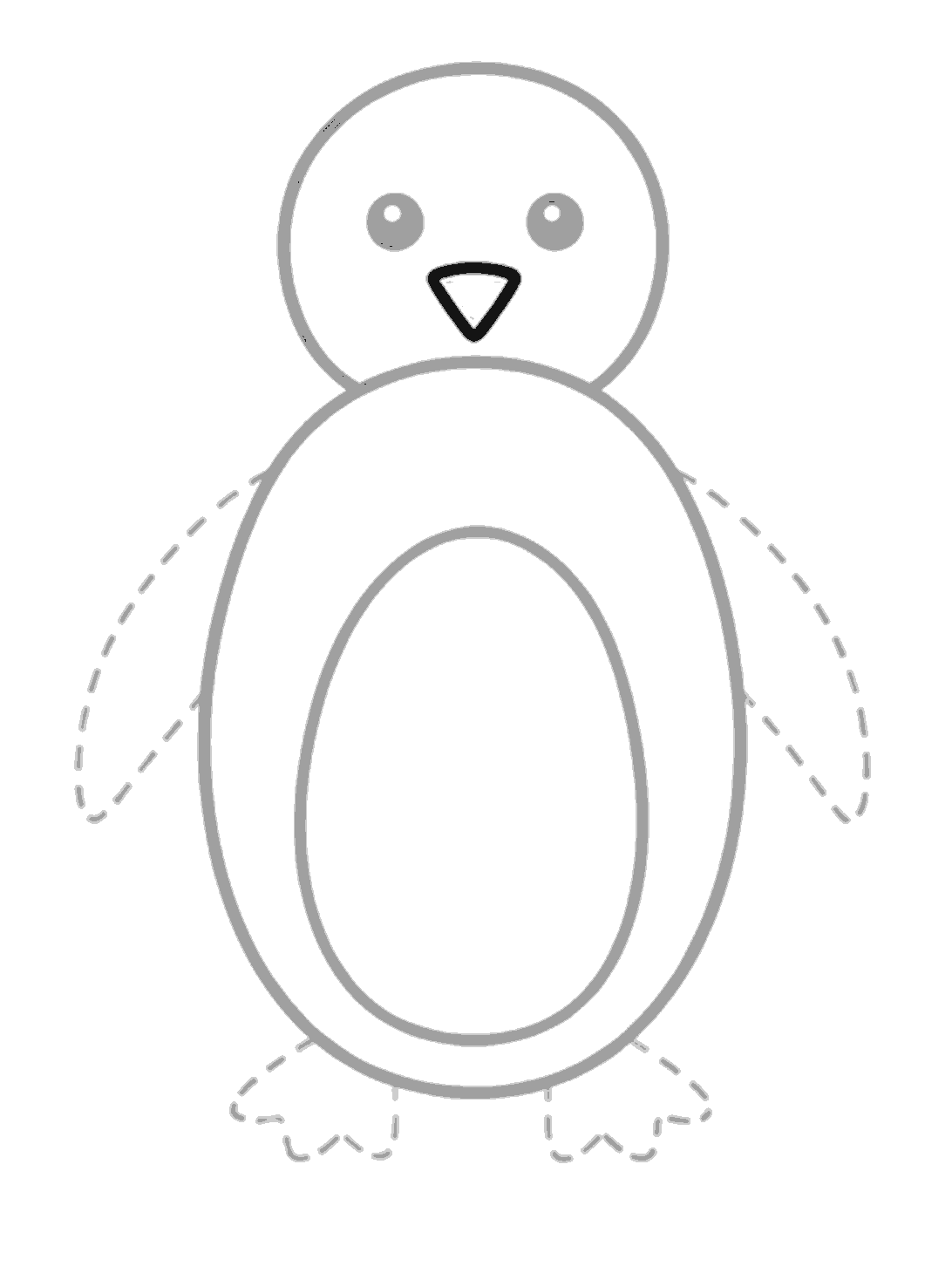 The eyes are grey from the earlier step. A small upside down triangle beak is drawn in black in the middle of the face.
