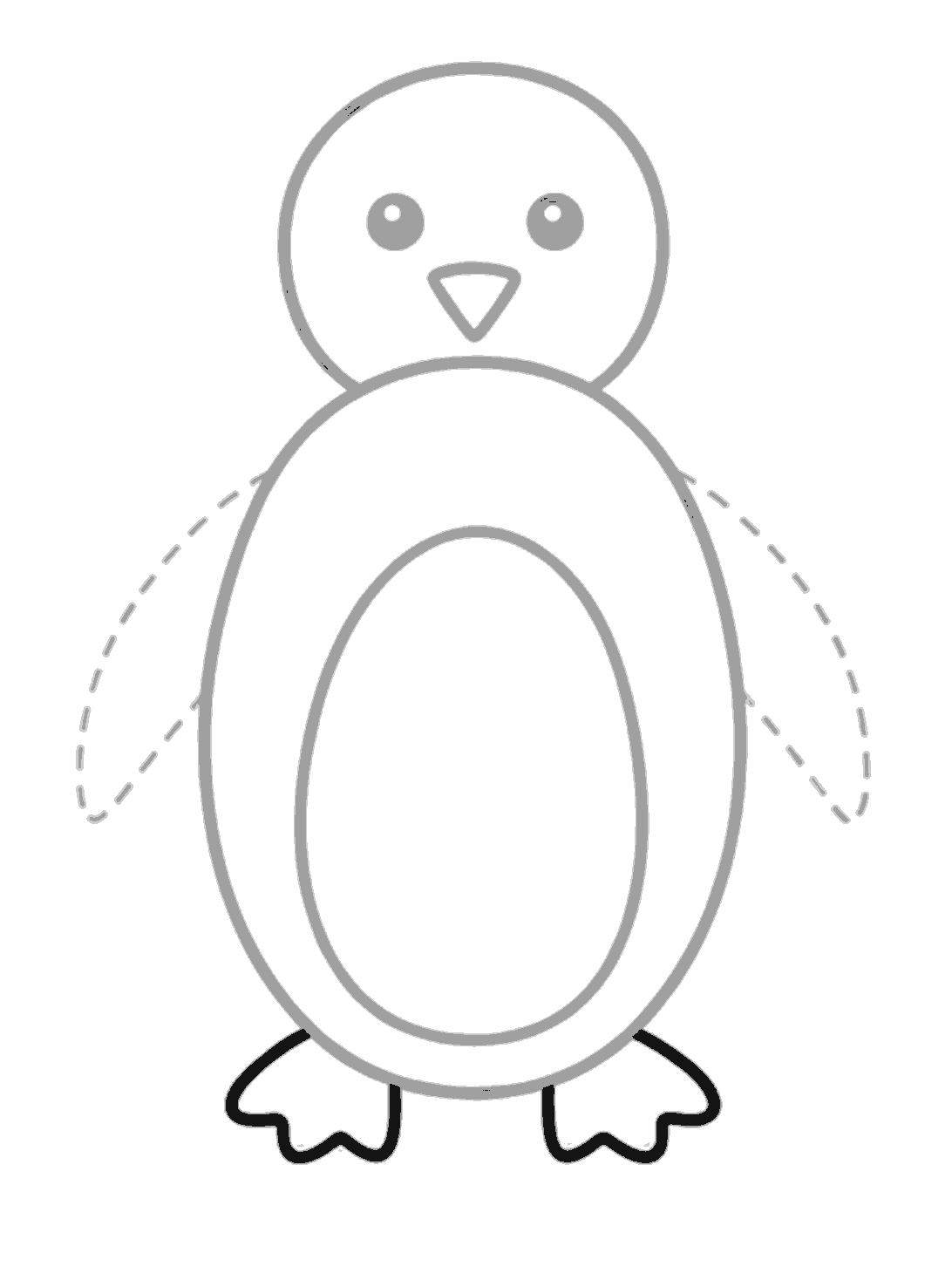 The head, body, tummy, eyes, and beak are grey. Two black webbed feet are added at the bottom, one on each side under the body.