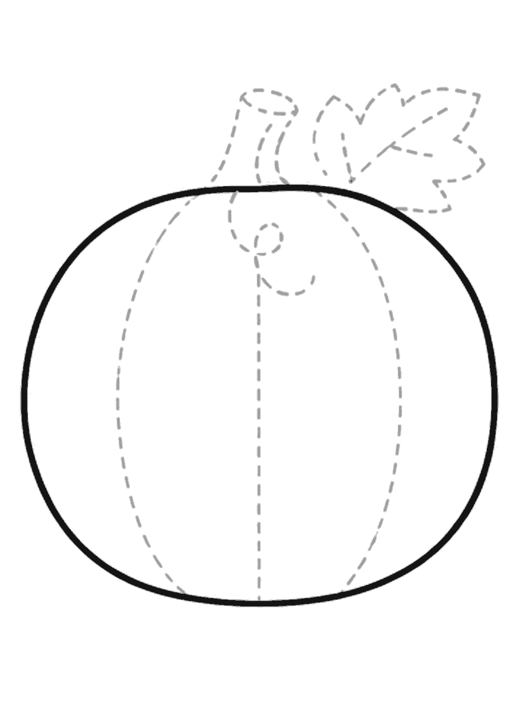 A large round pumpkin body is outlined in black, with pale dotted guides inside for the sections, stem, vine, and leaf.