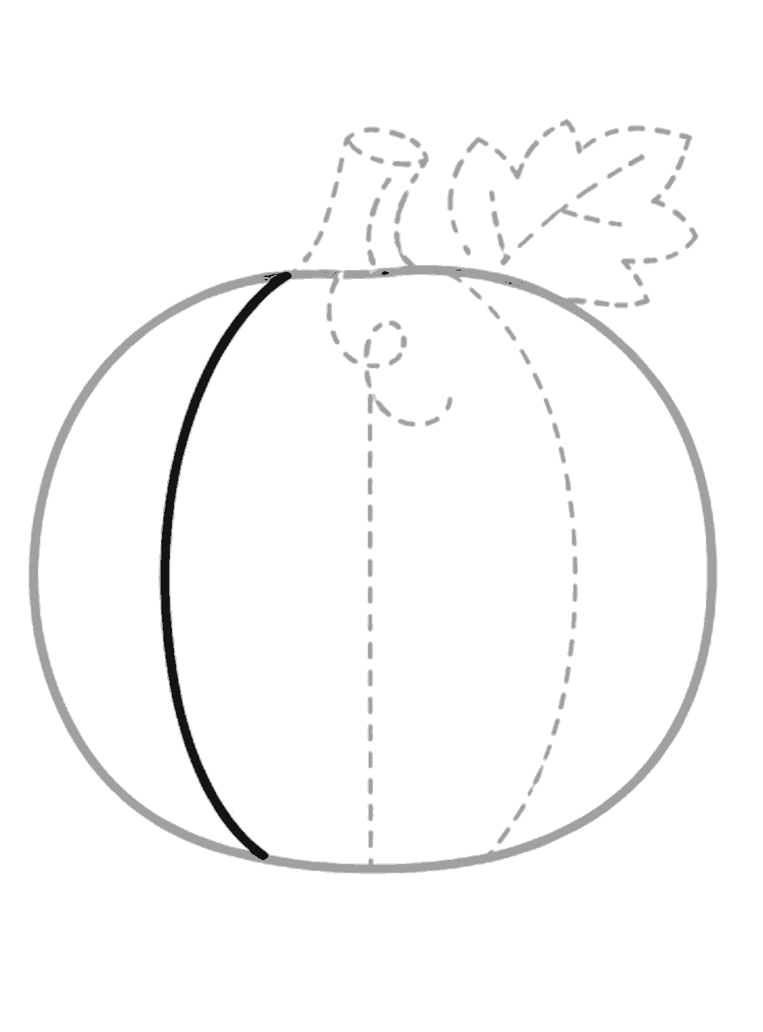 The pumpkin body is already drawn, and one black curved line has been added on the left side to make a section.