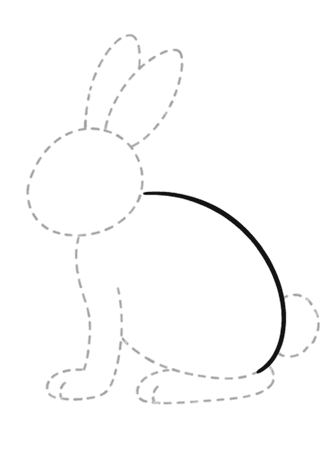 A rabbit made of pale dotted guide shapes, with one bold black curved line added along the outer back of the body.