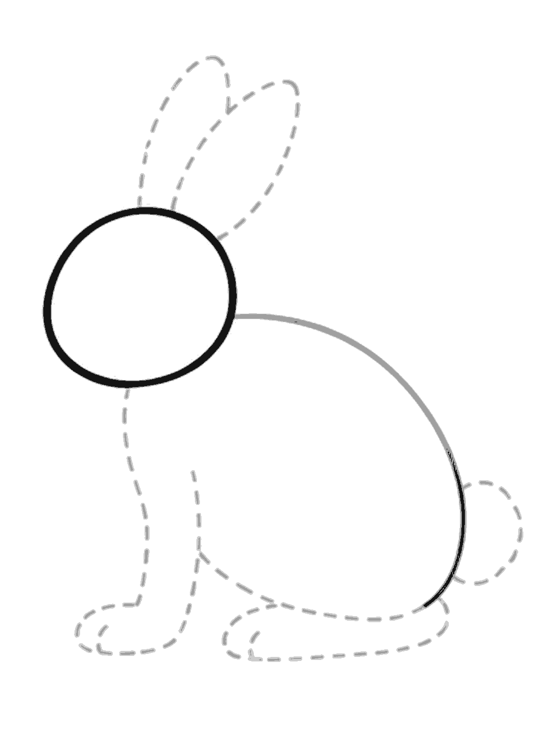 The rabbit now has a bold black circle for the head, joined to the already drawn curved back line.