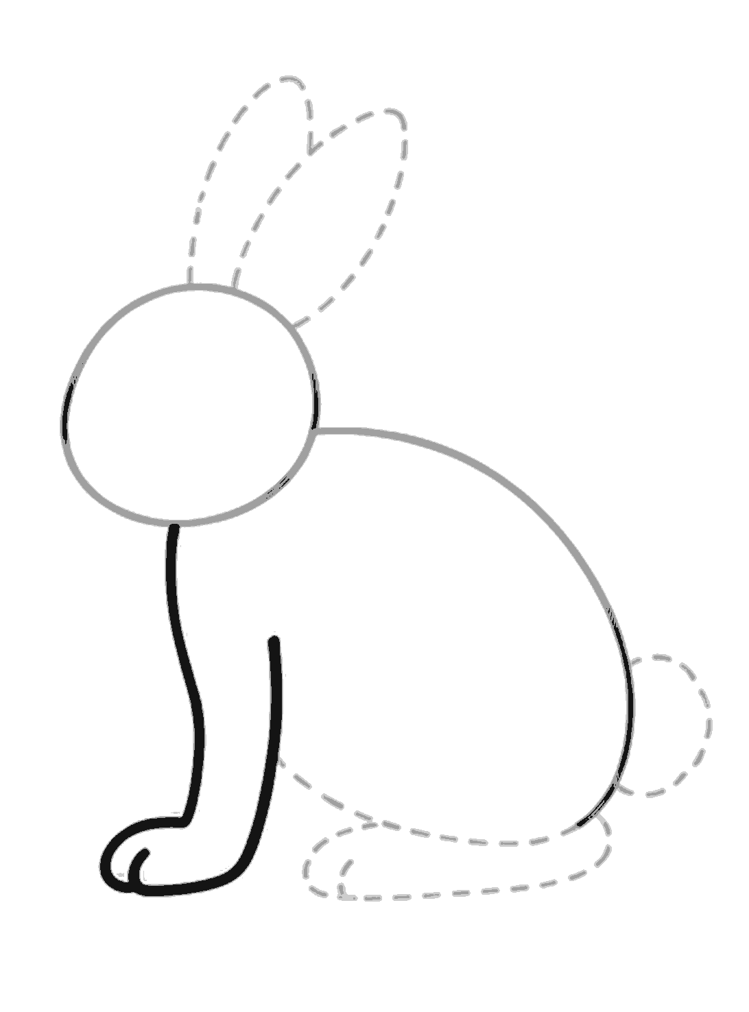 The rabbit has a bold black front leg and rounded front paw with two toe marks, while the head and back are already in place.