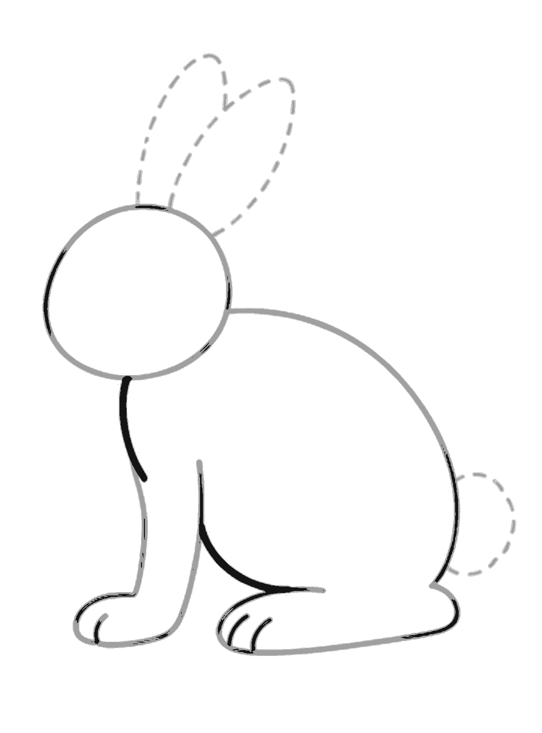 The rabbit now has a bold black chest line under the head and a curved belly line joining the body to the back foot.