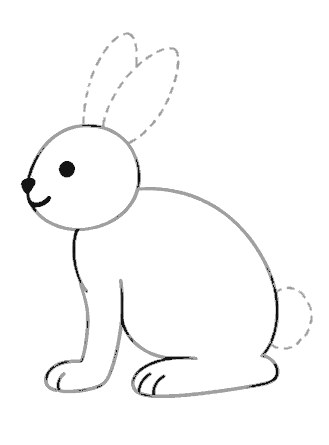 The rabbit's face now has a bold black nose, a curved smiling mouth, and a dark round eye with a small highlight.