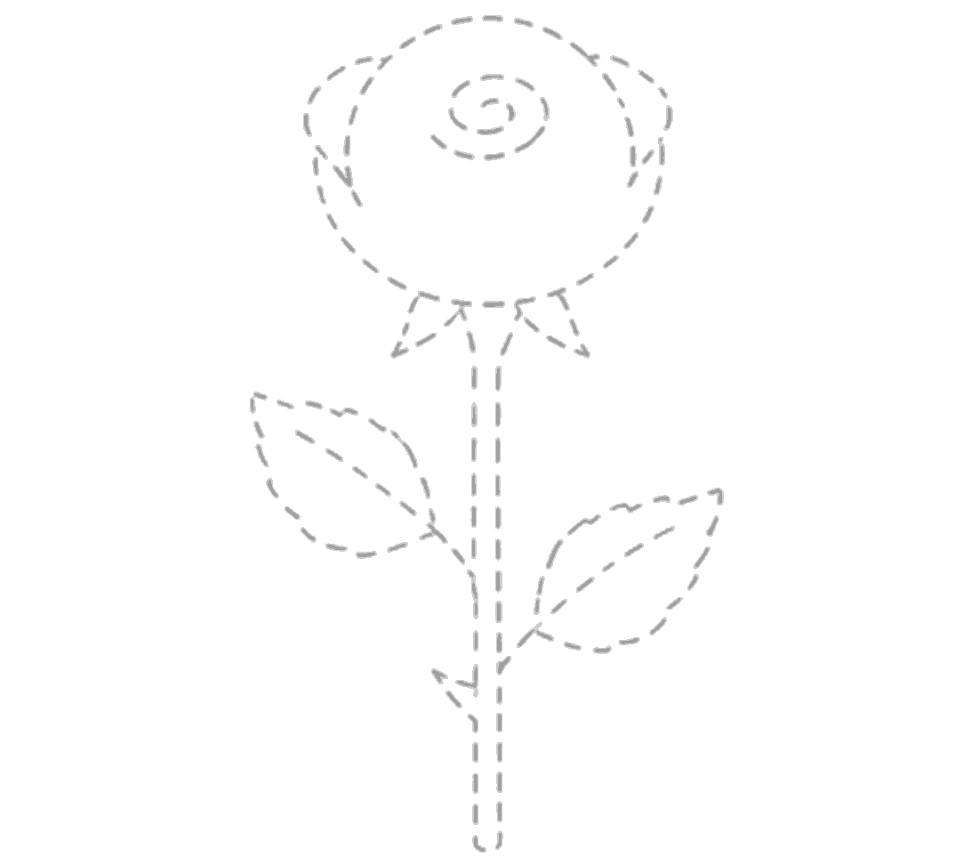 A rose plan made with pale dotted lines, showing a round flower head, a spiral center, three small points under the bloom, a straight stem, two leaves, and one thorn.