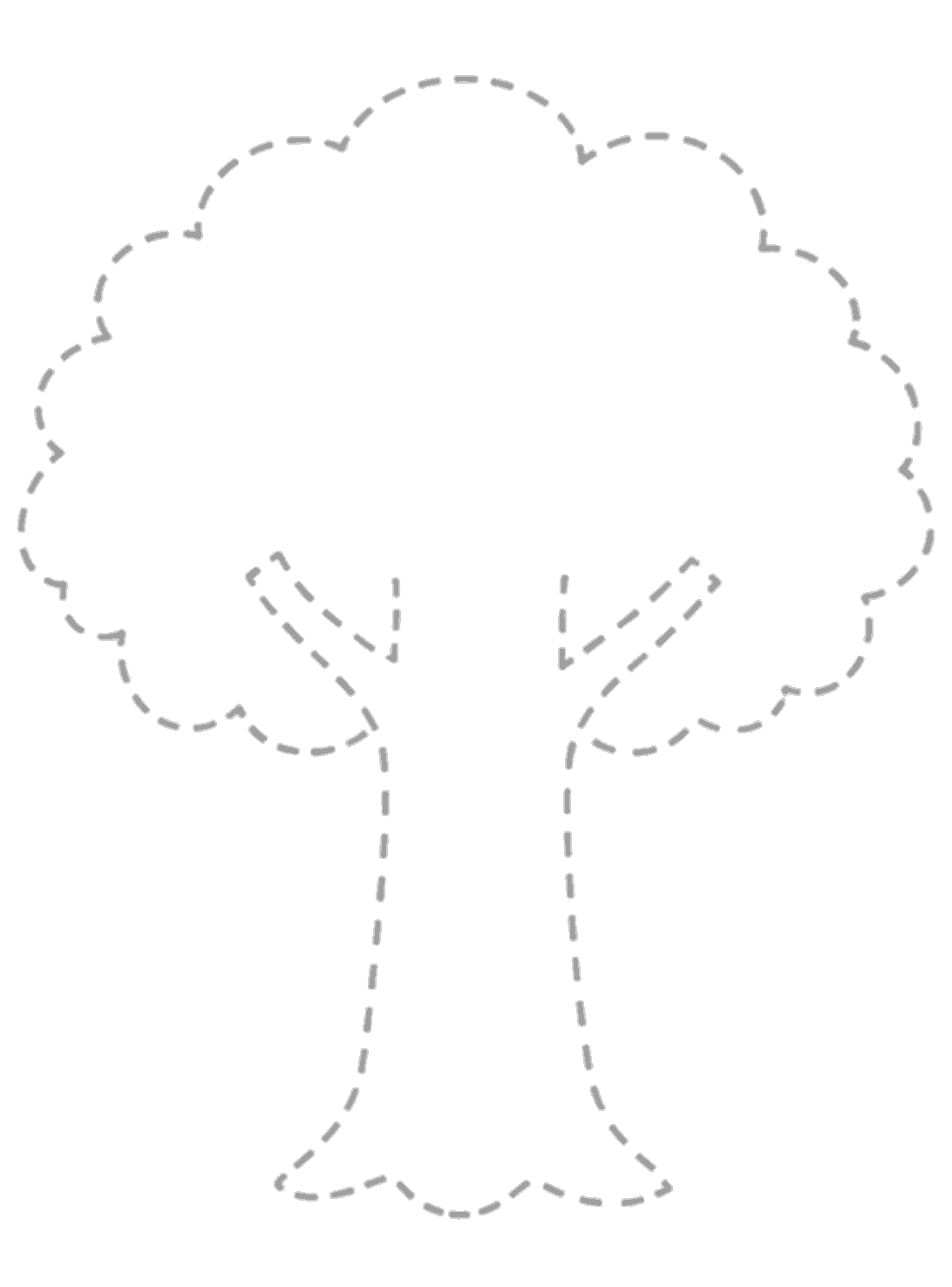A light dotted outline shows a large treetop, two inner branch guides, and a tall trunk with a bumpy base.