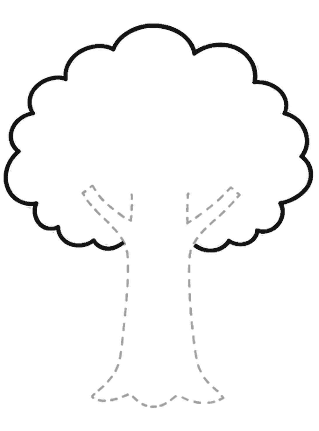 The fluffy outer edge of the treetop is drawn in dark lines, while the trunk and branch guides are still dotted.