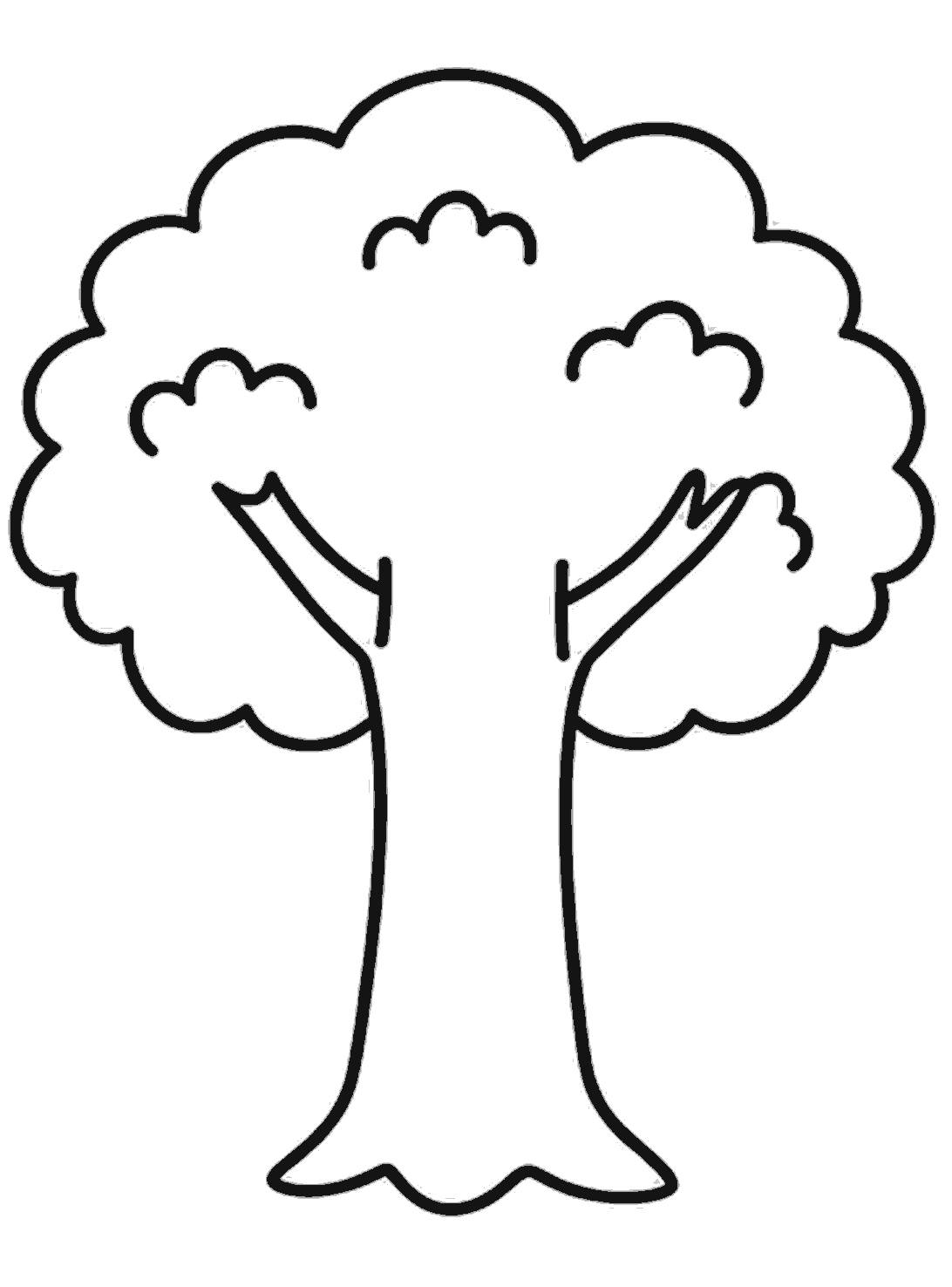 The finished tree has a bold fluffy treetop, inner leaf bumps, two branches, and a tall trunk with the dotted guides erased.