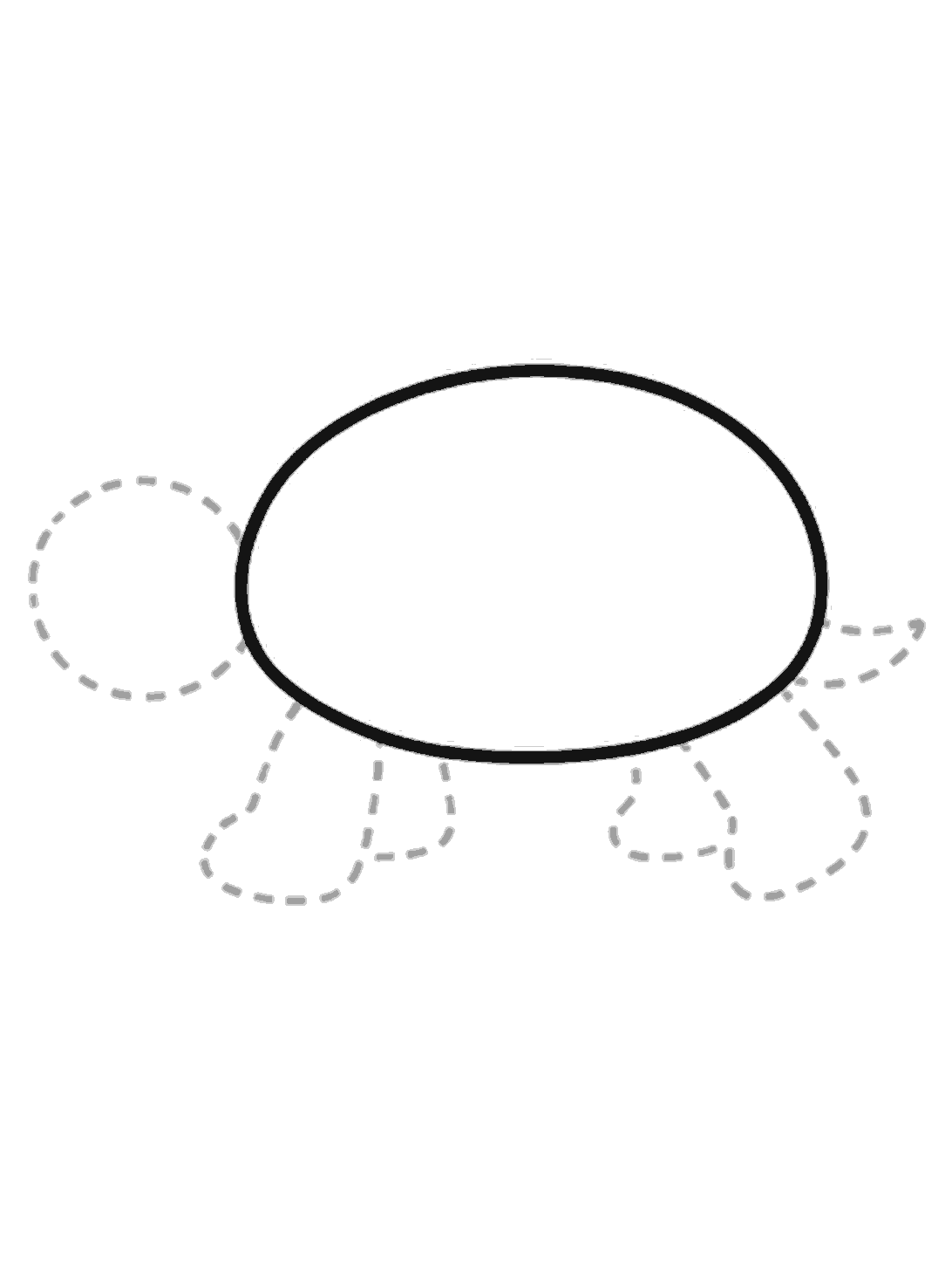 A large black oval shell is drawn in the middle. Pale dotted guide shapes show a round head on the left, four legs below, and a small tail on the right.