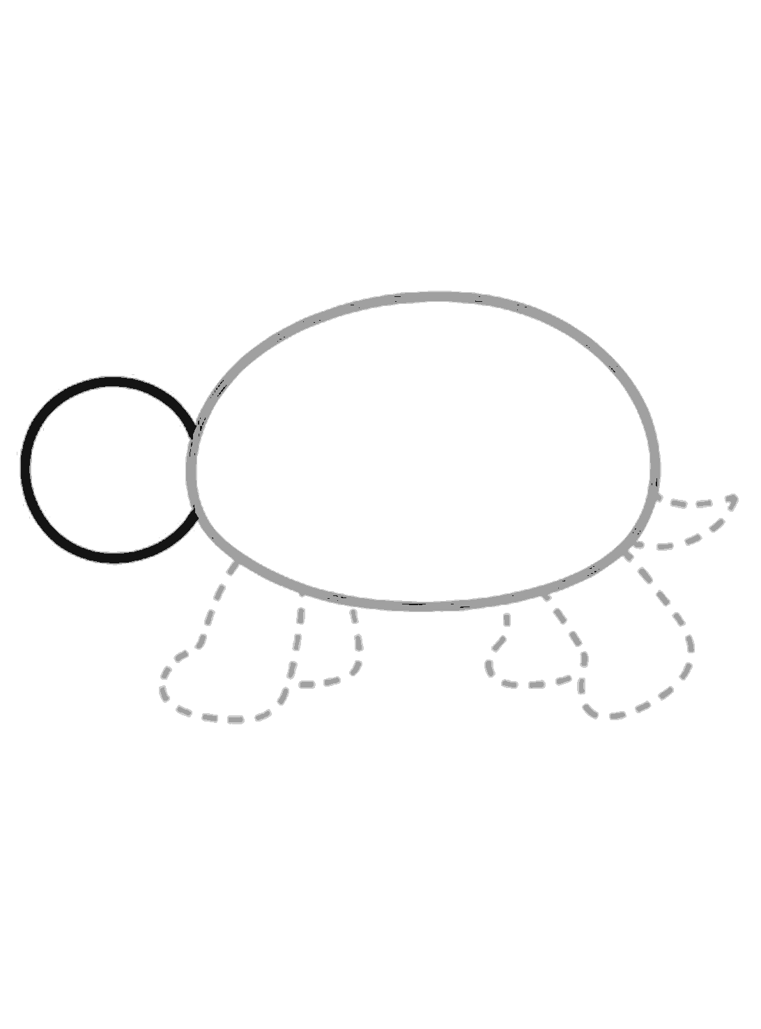 A black circle head is added to the left of the grey shell. Dotted guides for the legs and tail are still visible.