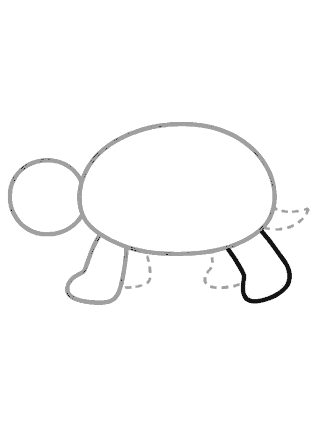A black back right leg is added under the shell on the right. The other parts are grey, and the middle legs and tail are still dotted guides.