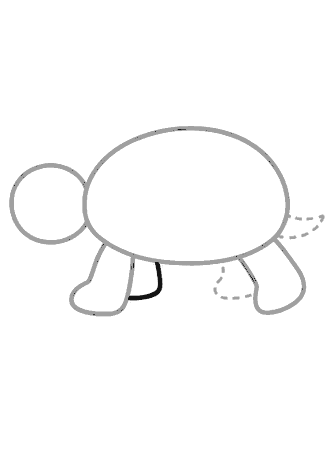 A black small leg is drawn under the shell between the front and back legs, closer to the front. One dotted guide remains for the other middle leg.