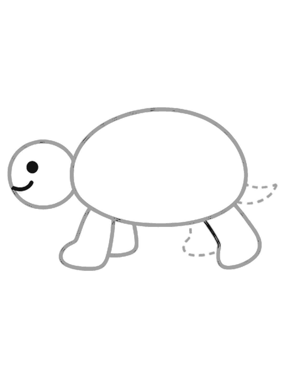 The turtle now has a black eye and a curved smile on its head. A black inner leg is added under the shell near the back right side.