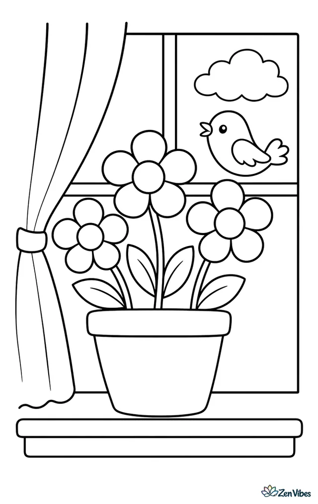 A pot with three flowers sitting on a windowsill, with a curtain to one side and a bird outside the window