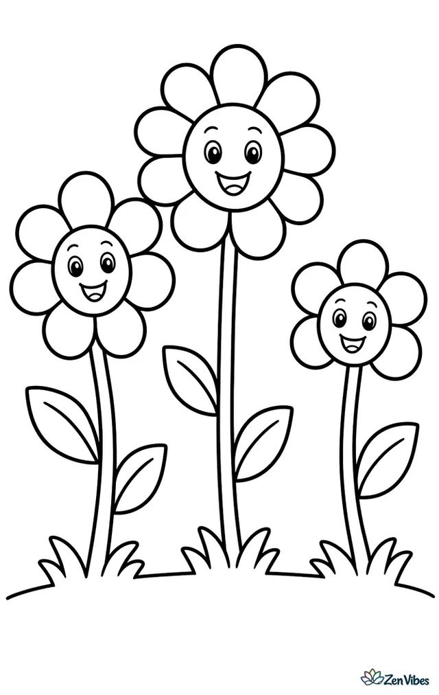 Three tall flowers of different heights standing side by side on a ground line