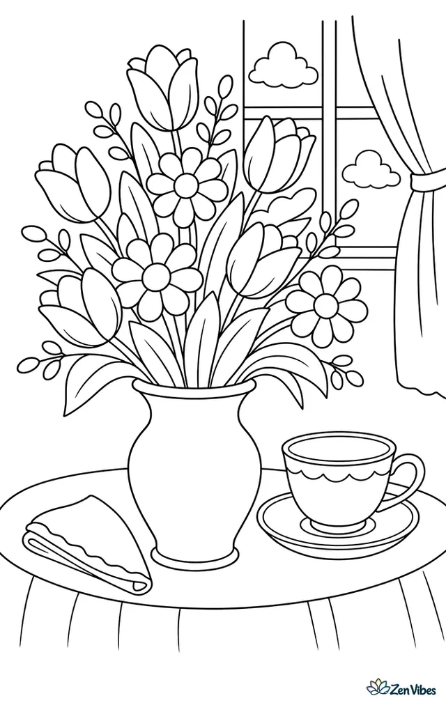 A mixed bouquet of round and tulip-shaped flowers in a curved vase on a table, with a folded napkin and a teacup beside it