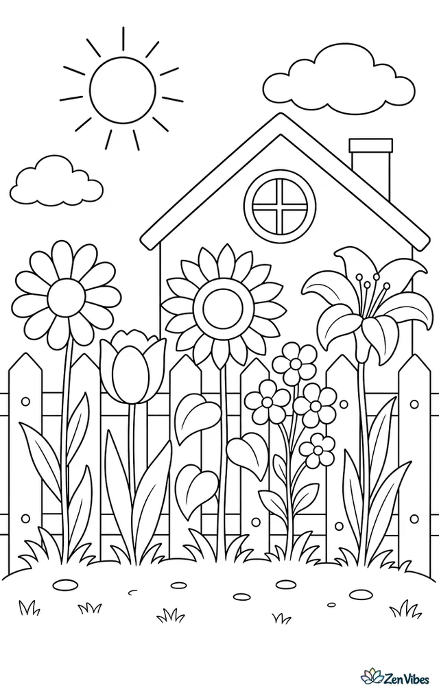 A row of different flowers growing in front of a picket fence, with the roof of a small house and the sun behind