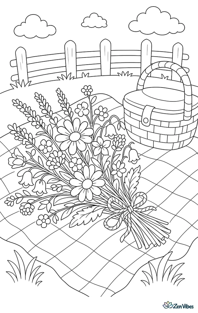 A loose bunch of wildflowers tied with twine, lying on a checked picnic blanket with a basket nearby
