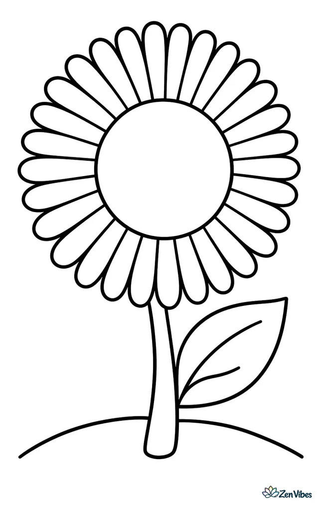 A flower with a ring of many thin petals around a large round center, on a stem with one leaf